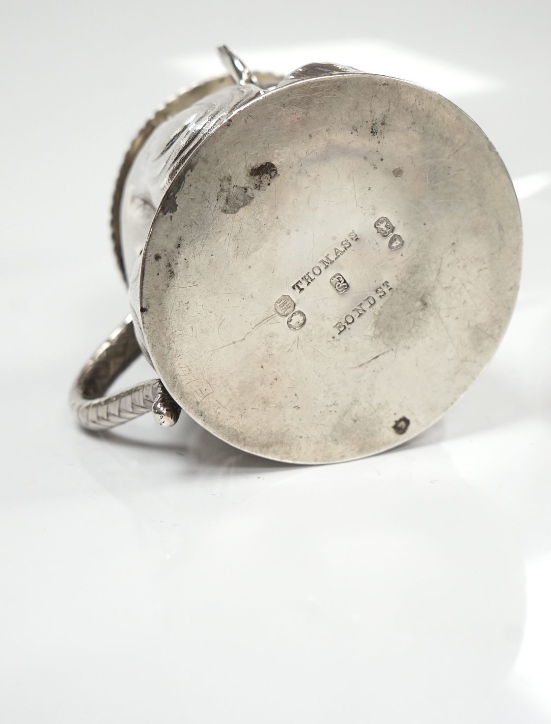 A Victorian novelty silver mustard, modelled as a Chinaman, with blue glass liner, by Richard Sibley II, London, 1847, height 85mm, 6.1oz. Condition - fair